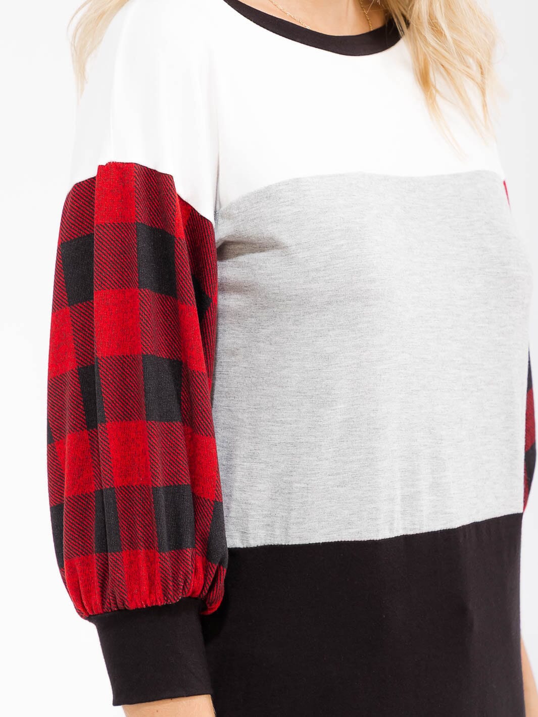 Plaid Sleeve Color Block Top, Buffalo Plaid Fall Shirt, Casual Holiday Top for Women, Long Sleeve Comfy Tee