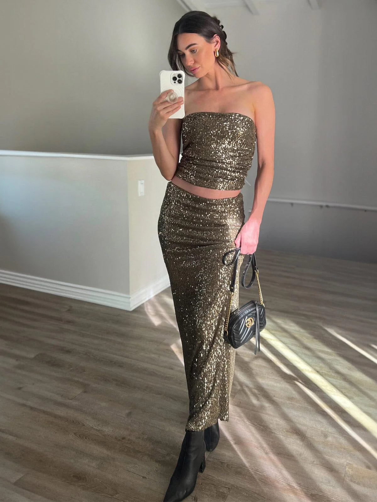 Gold Strapless Sequin Evening Gown – Elegant Floor Length Formal Party & Wedding Guest Dress