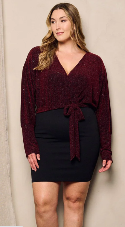 Plus Size Wine Glitter Tie Front Party Dress – Long Sleeve V-Neck Bodycon Cocktail Dress