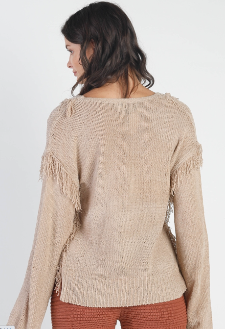Boho Fringe Lace-Up Sweater – Loose Knit Long Sleeve Pullover in Taupe