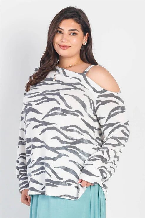 Plus Size Zebra Print Cold Shoulder Sweater – White & Charcoal Lightweight Long Sleeve Top