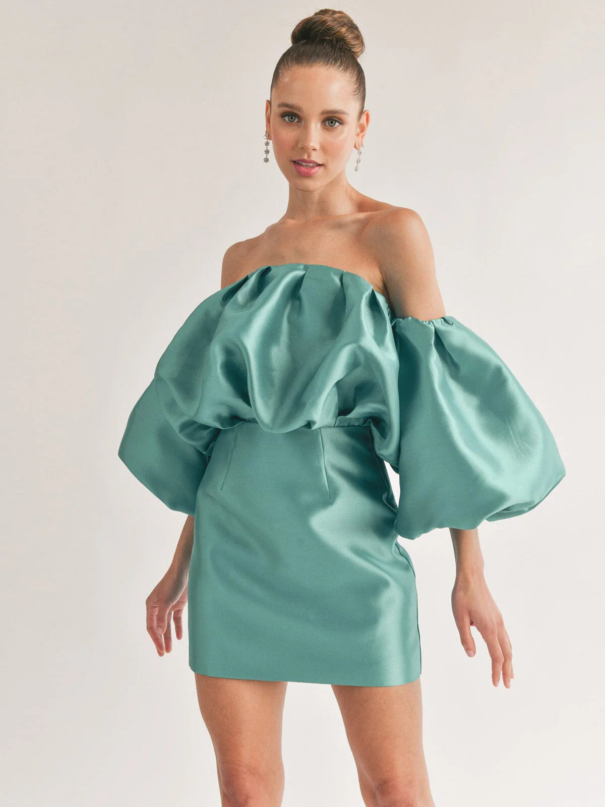 Teal Off Shoulder Puff Sleeve Mini Dress – Statement Party Cocktail Dress