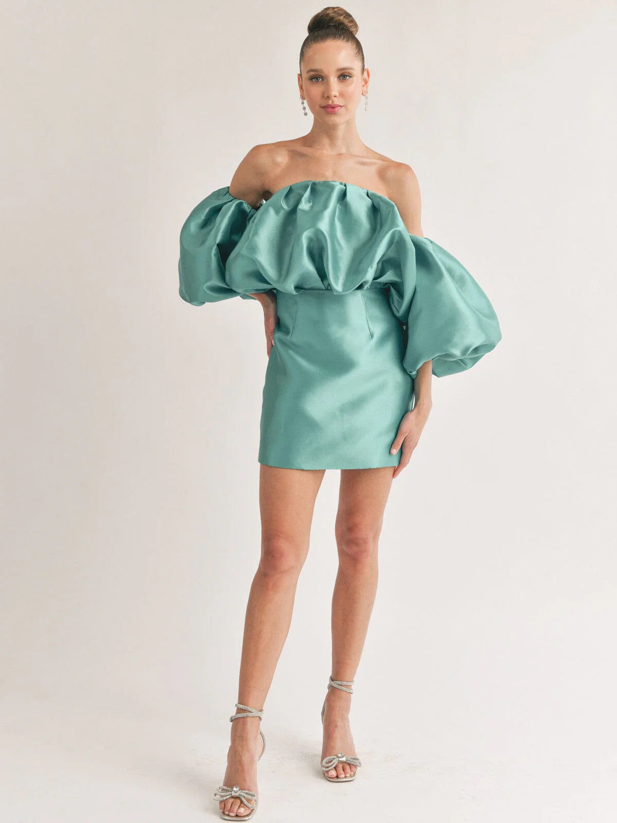 Teal Off Shoulder Puff Sleeve Mini Dress – Statement Party Cocktail Dress
