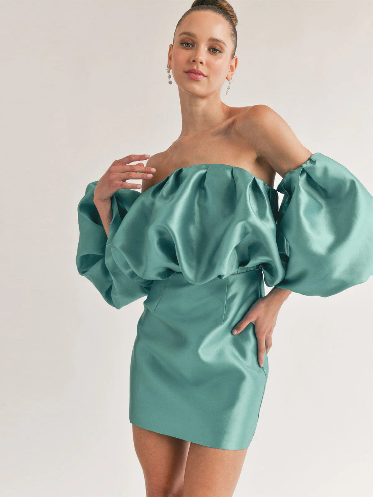 Teal Off Shoulder Puff Sleeve Mini Dress – Statement Party Cocktail Dress