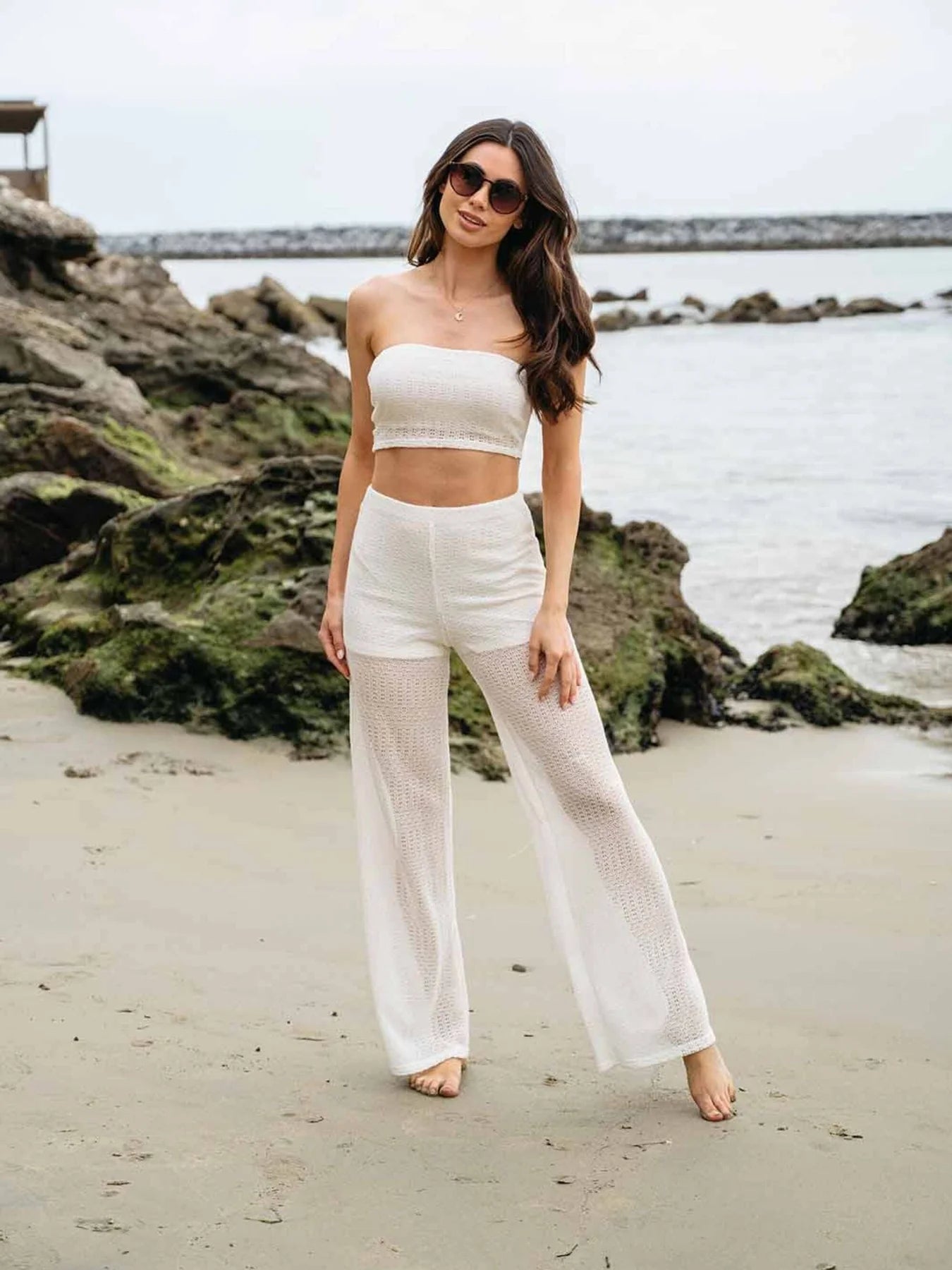 Womens crop tube top and wide leg pants 2pc set