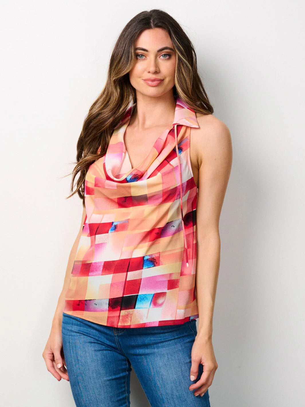 Womens sleeveless Cowl Neck Multi Print Tank Top