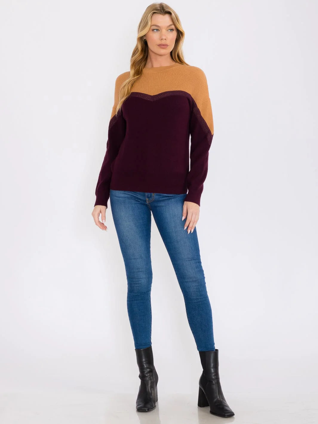Color Block Knit Sweater | Camel and Plum Pullover | Cozy Fall Women’s Sweater | Soft Knit Casual Top