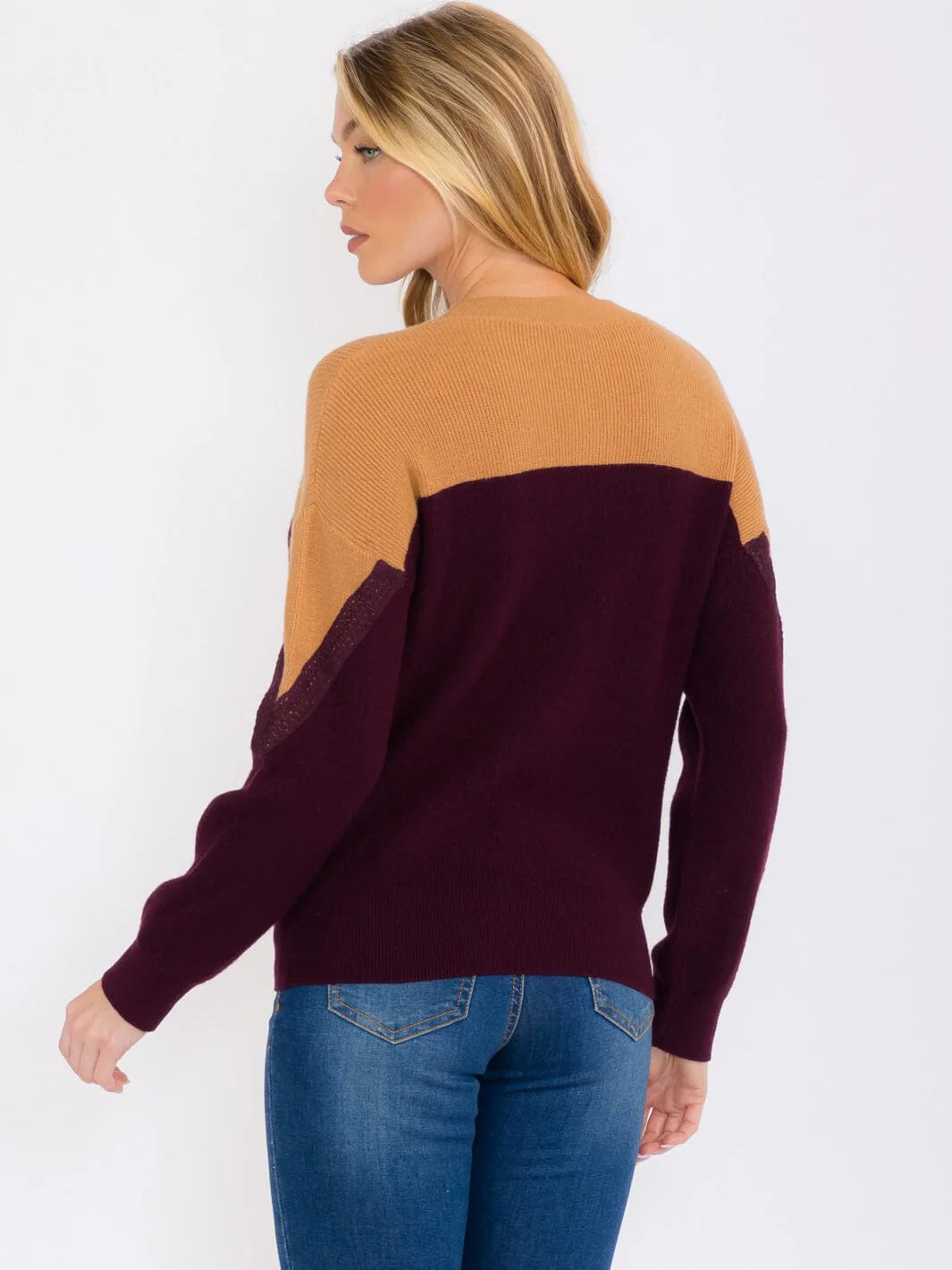 Color Block Knit Sweater | Camel and Plum Pullover | Cozy Fall Women’s Sweater | Soft Knit Casual Top