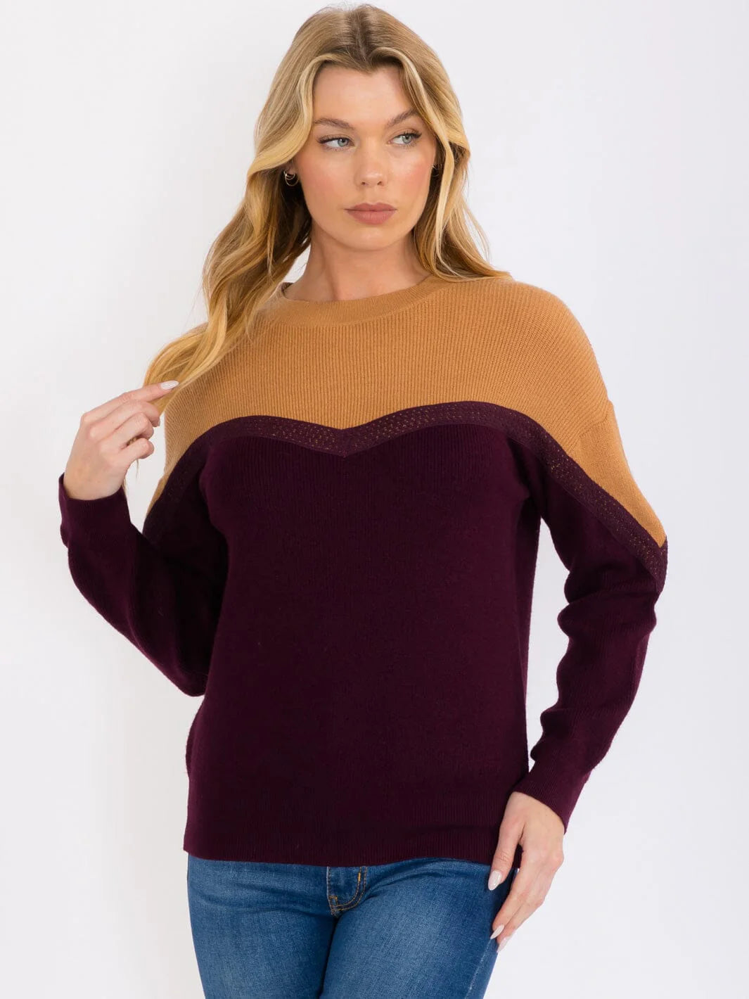 Color Block Knit Sweater | Camel and Plum Pullover | Cozy Fall Women’s Sweater | Soft Knit Casual Top