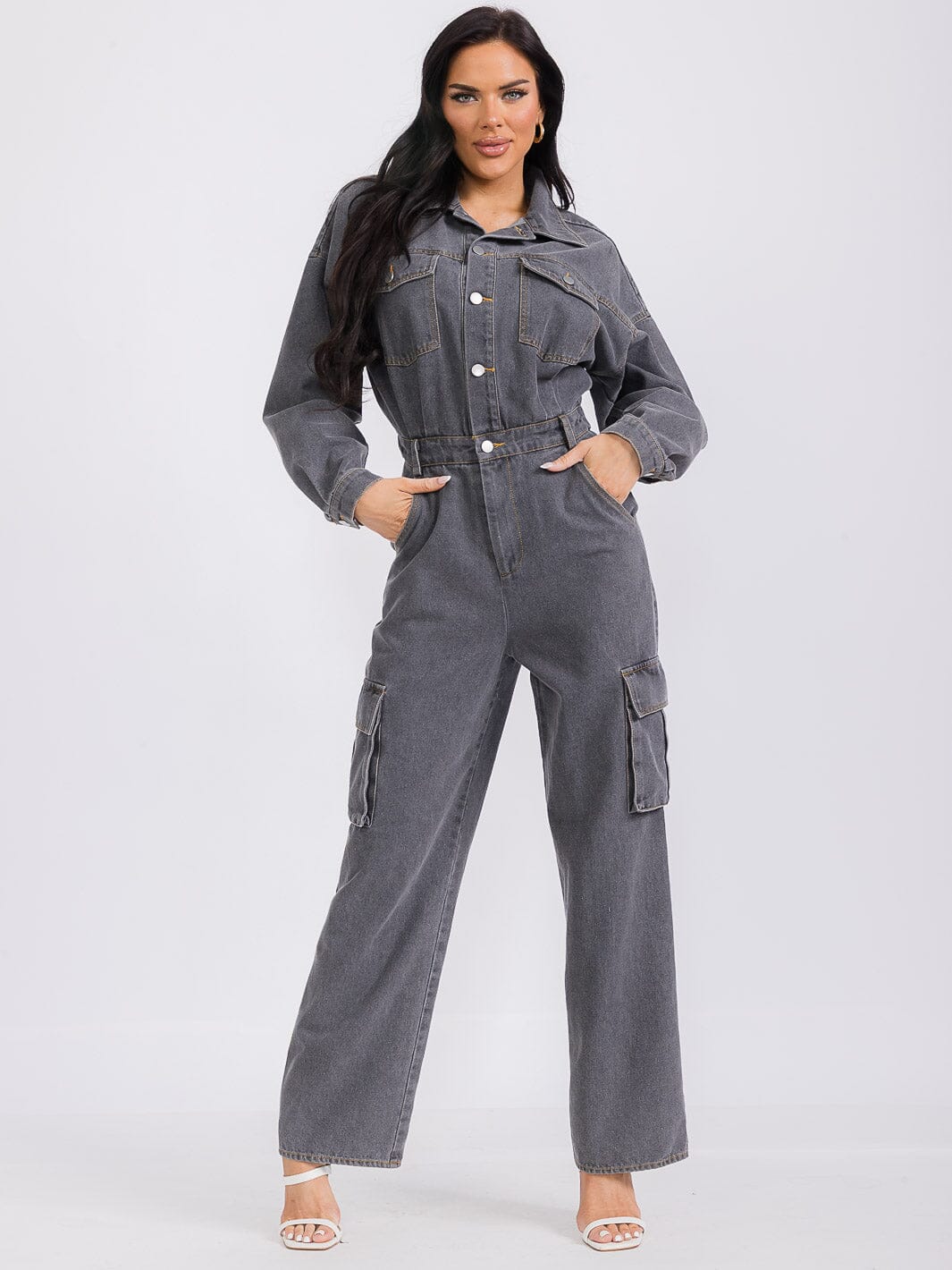 Vintage Charcoal Denim Cargo Jumpsuit – Long Sleeve, Button-Up, Wide Leg