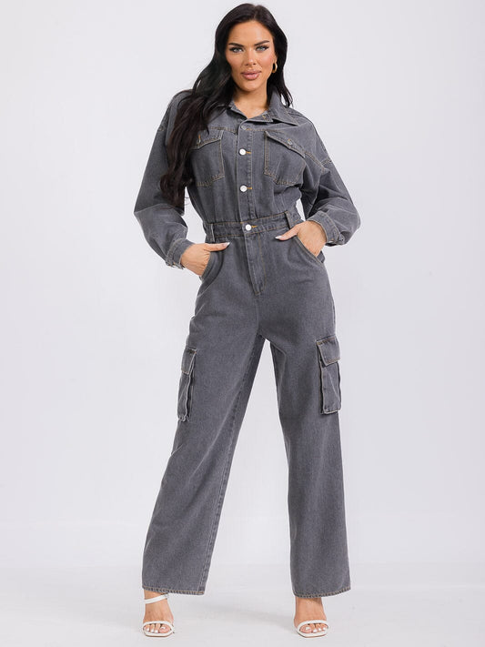 Vintage Charcoal Denim Cargo Jumpsuit – Long Sleeve, Button-Up, Wide Leg