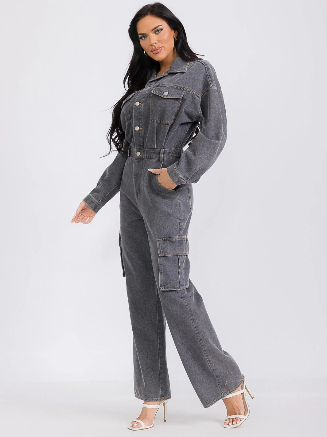 Vintage Charcoal Denim Cargo Jumpsuit – Long Sleeve, Button-Up, Wide Leg