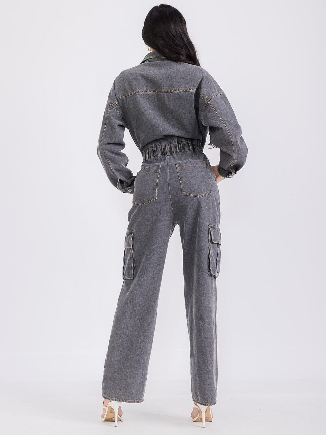 Vintage Charcoal Denim Cargo Jumpsuit – Long Sleeve, Button-Up, Wide Leg