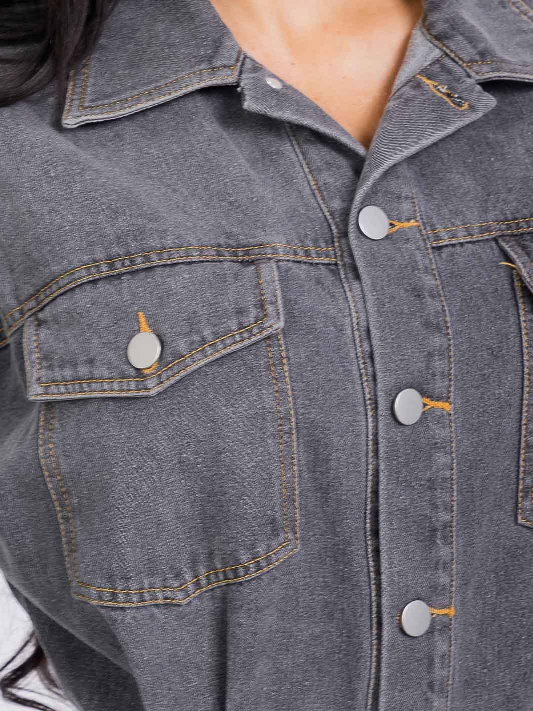 Vintage Charcoal Denim Cargo Jumpsuit – Long Sleeve, Button-Up, Wide Leg