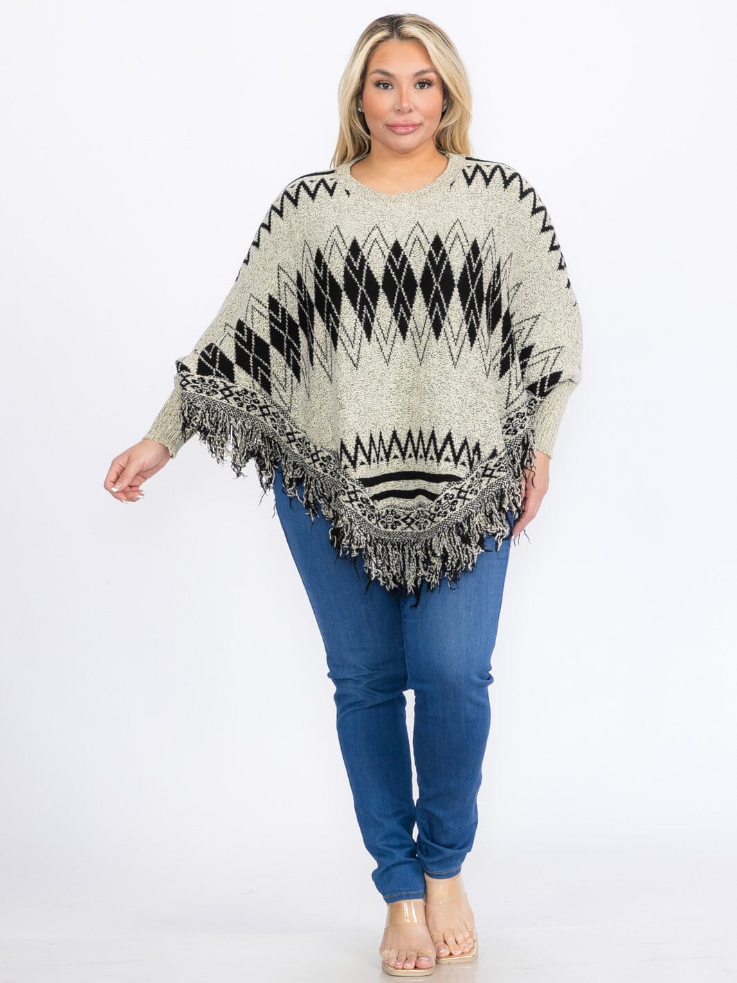 Plus Size Aztec Print Knit Poncho Sweater