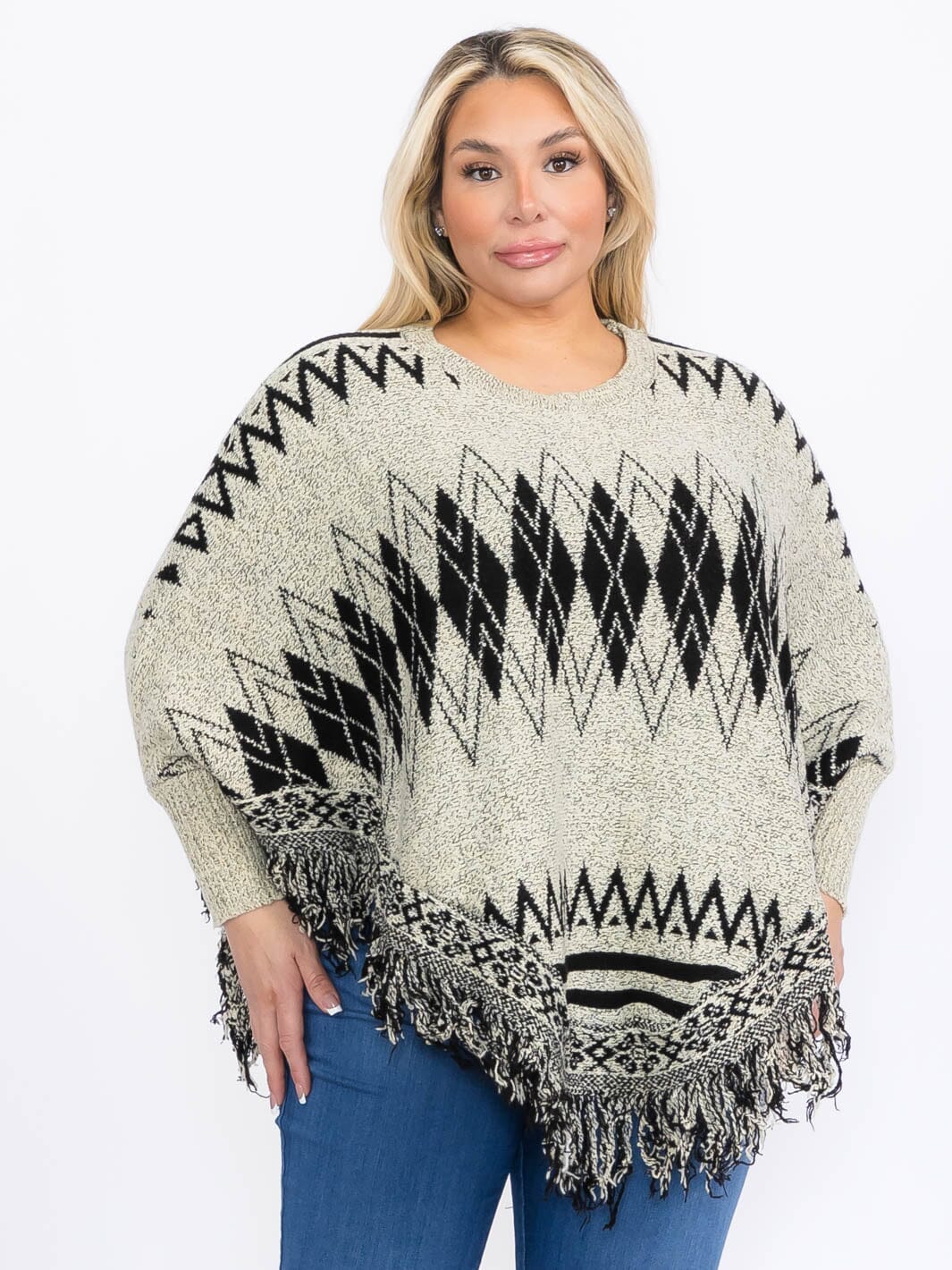 Plus Size Aztec Print Knit Poncho Sweater