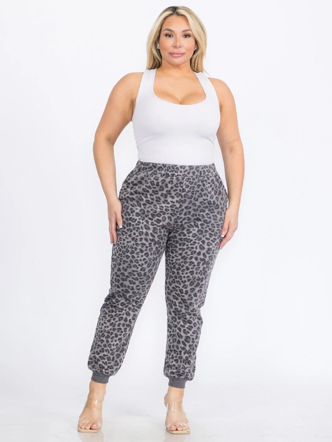 Plus Size Leopard Print Jogger Pants | Cozy Fleece Sweatpants with Pockets | Soft Animal Print Lounge Pants for Women