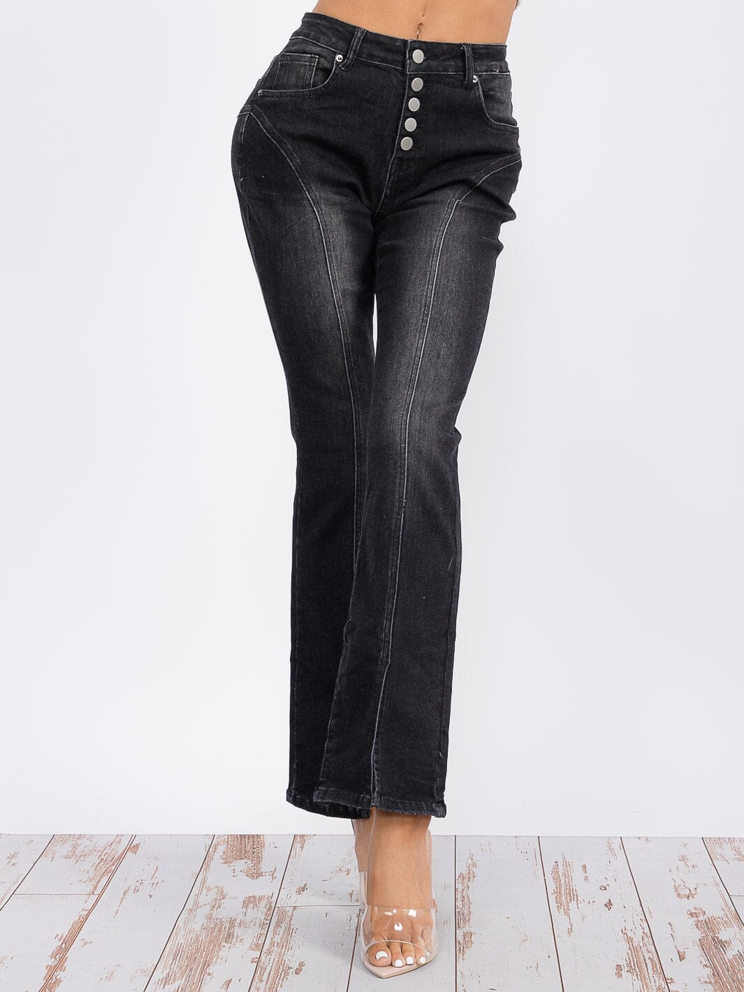 High Waist Black Flare Jeans with Front Slit – Button Up Vintage Wash Denim Pants