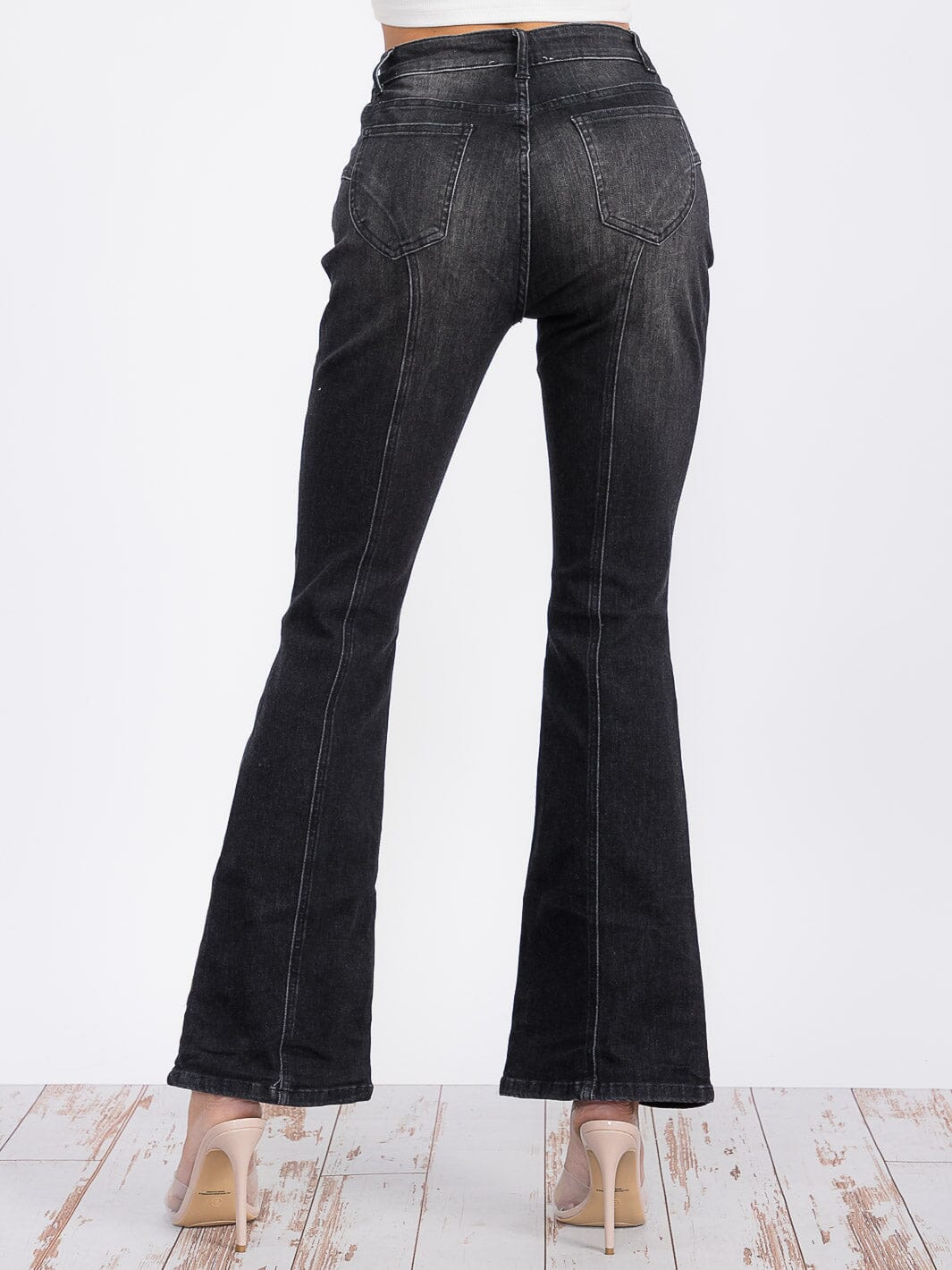 High Waist Black Flare Jeans with Front Slit – Button Up Vintage Wash Denim Pants