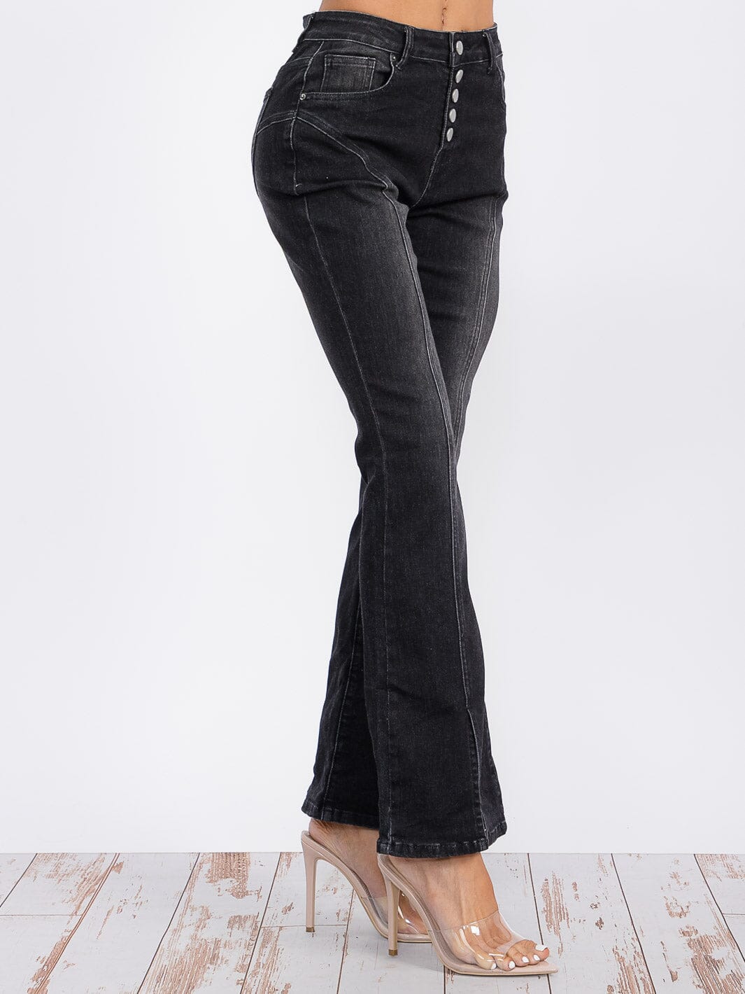 High Waist Black Flare Jeans with Front Slit – Button Up Vintage Wash Denim Pants
