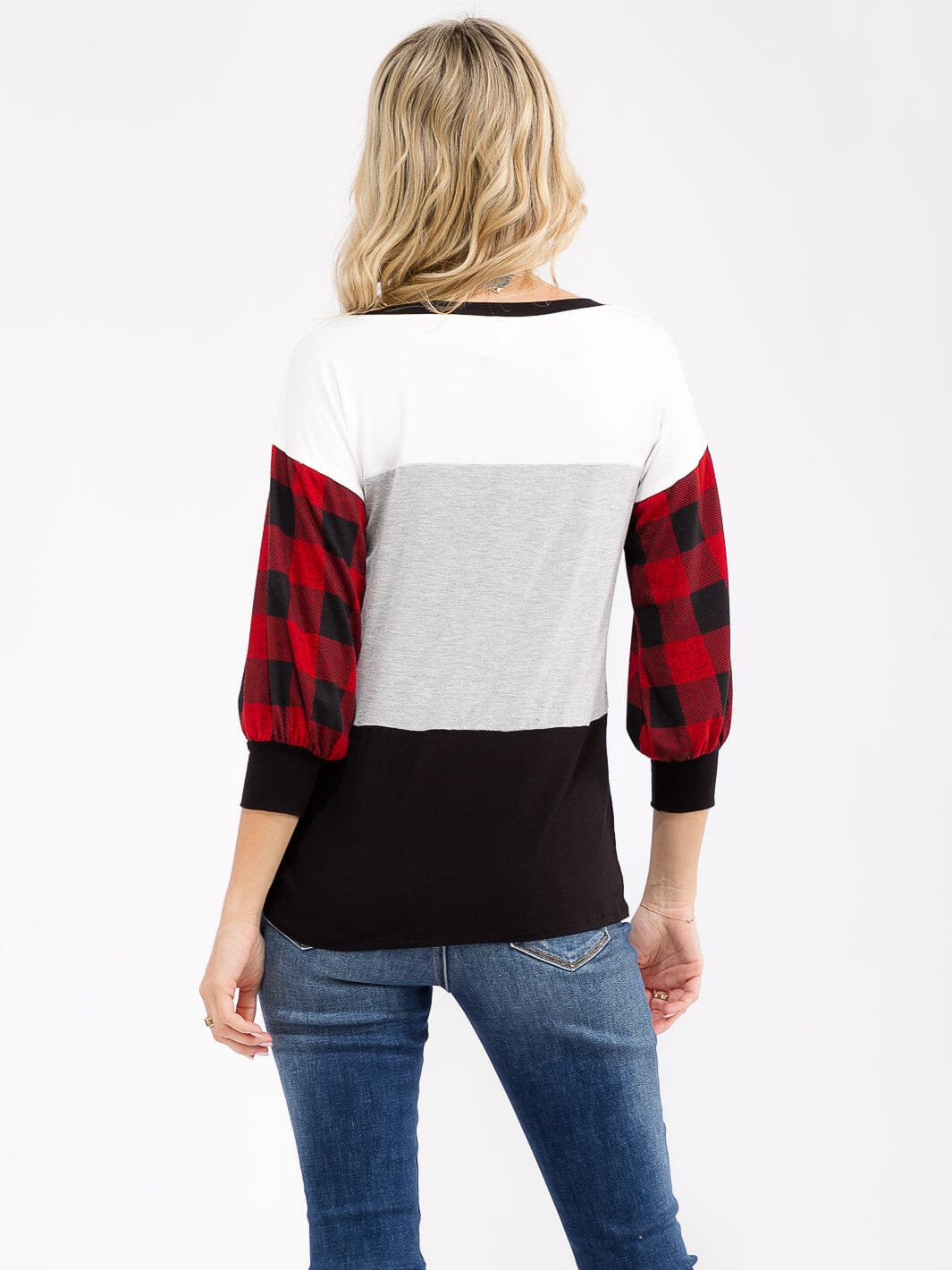 Plaid Sleeve Color Block Top, Buffalo Plaid Fall Shirt, Casual Holiday Top for Women, Long Sleeve Comfy Tee
