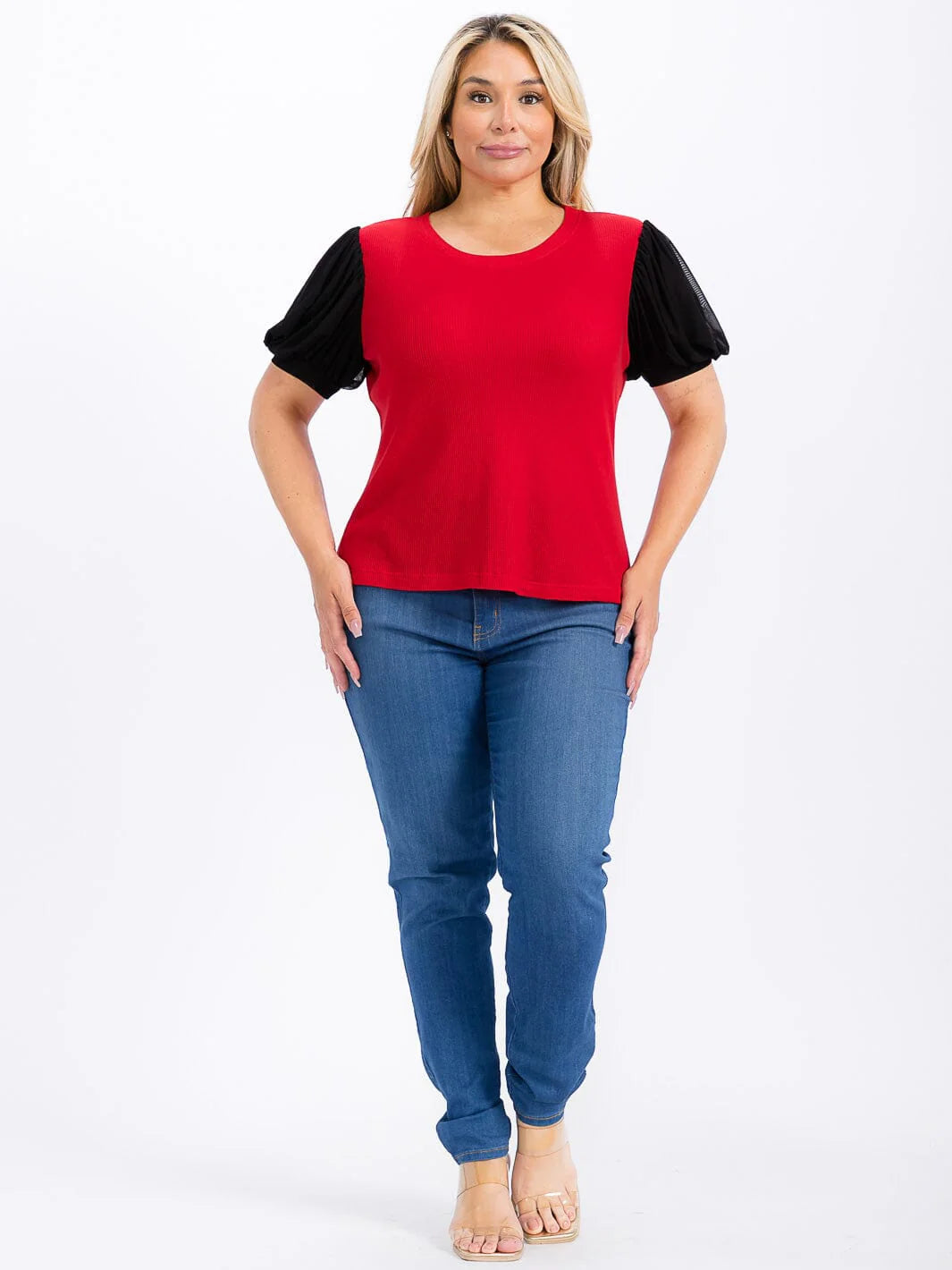 Plus Size color block puff sleeve blouse