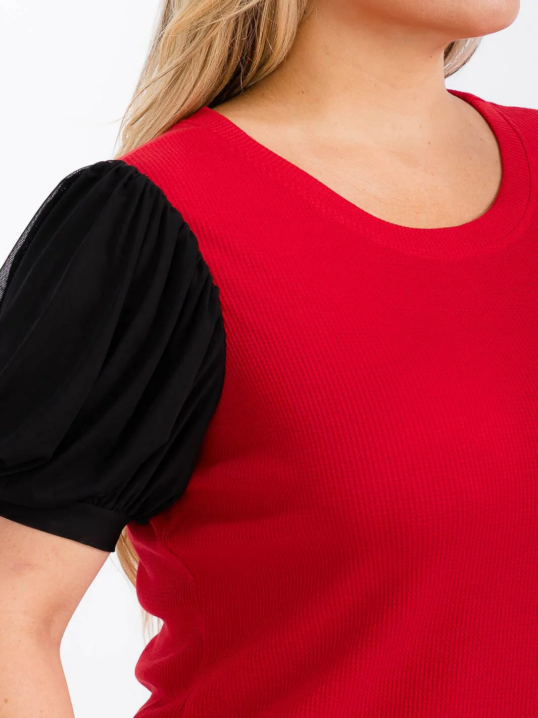 Plus Size color block puff sleeve blouse