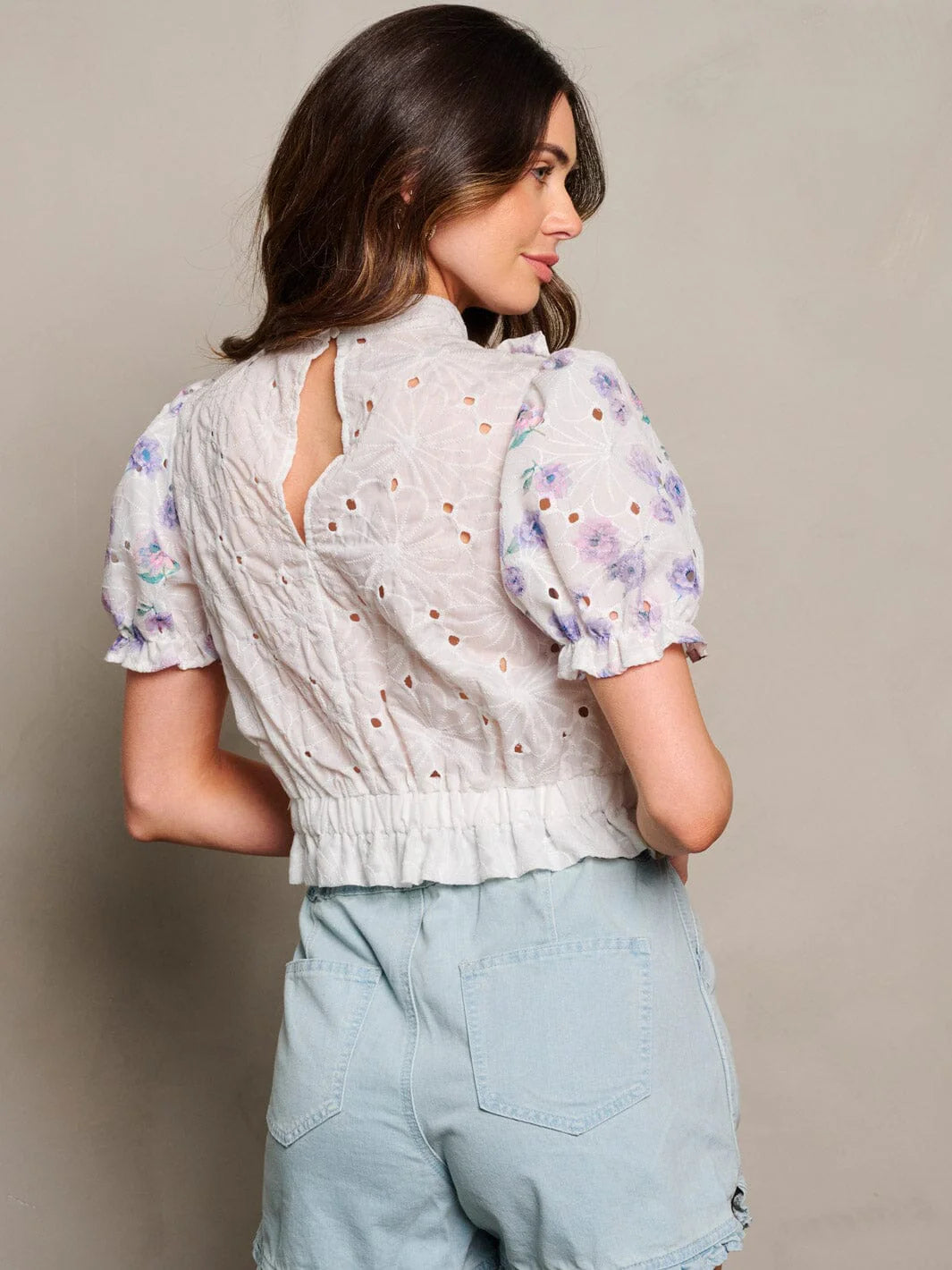 Womens short puff sleeve mock neck top