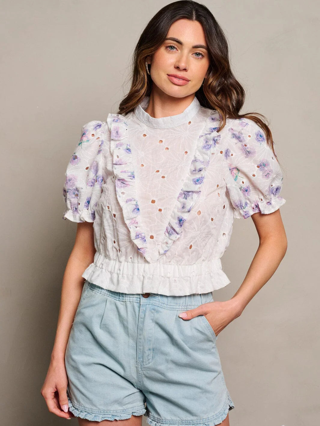 Womens short puff sleeve mock neck top