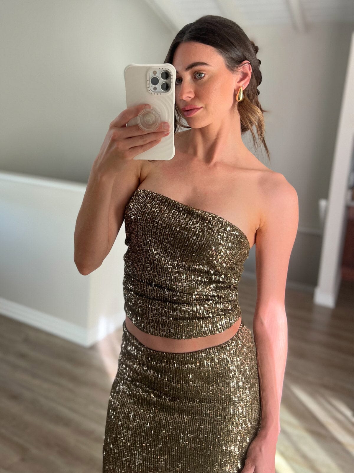 Gold Strapless Sequin Evening Gown – Elegant Floor Length Formal Party & Wedding Guest Dress