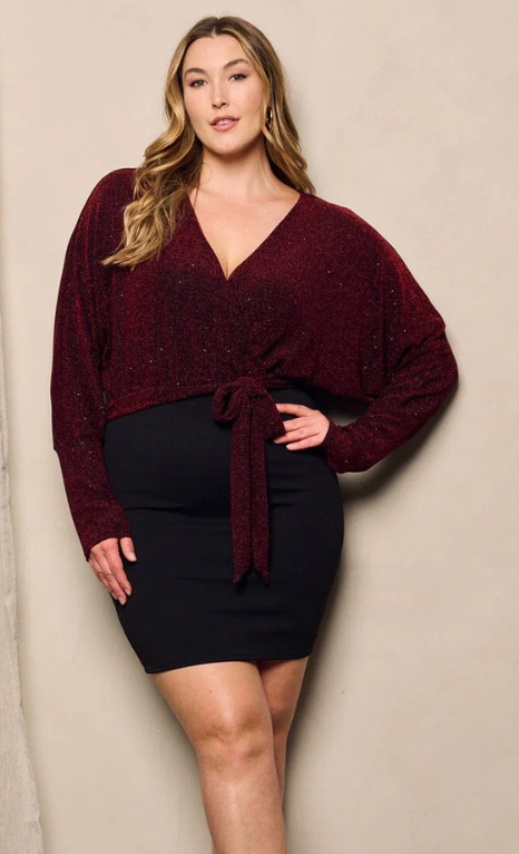 Plus Size Wine Glitter Tie Front Party Dress – Long Sleeve V-Neck Bodycon Cocktail Dress