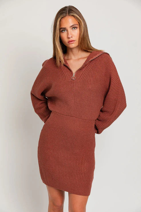 Collard Half Zipper Long Sleeve Mini Dress