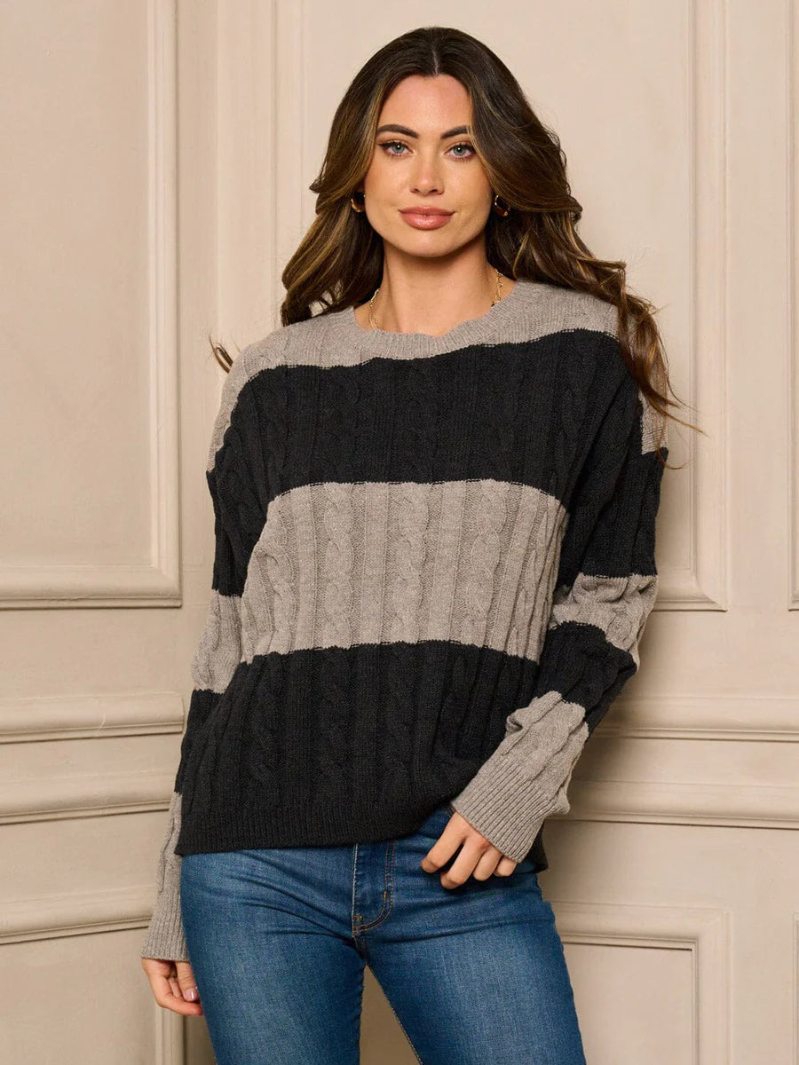 Cozy Contrast Cable Knit Strip Sweater