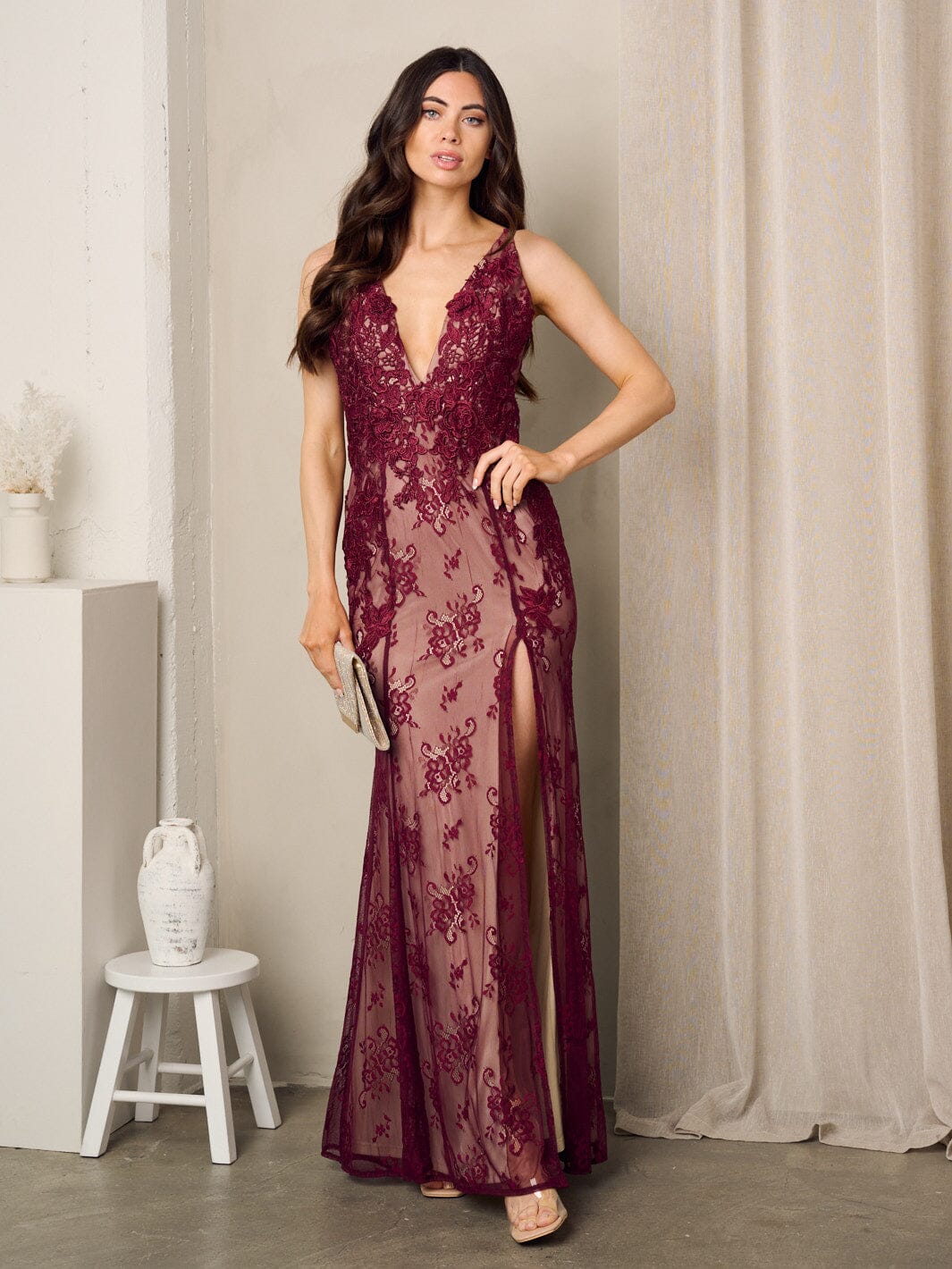 stunning burgundy lace evening gown